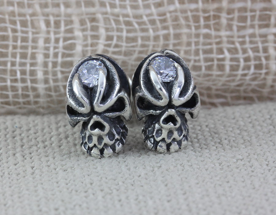 Skull Silver Earrings With Cz, Skull Jewellery, Sterling Silver Skull Earrings, Skull Studs Post (wes006)